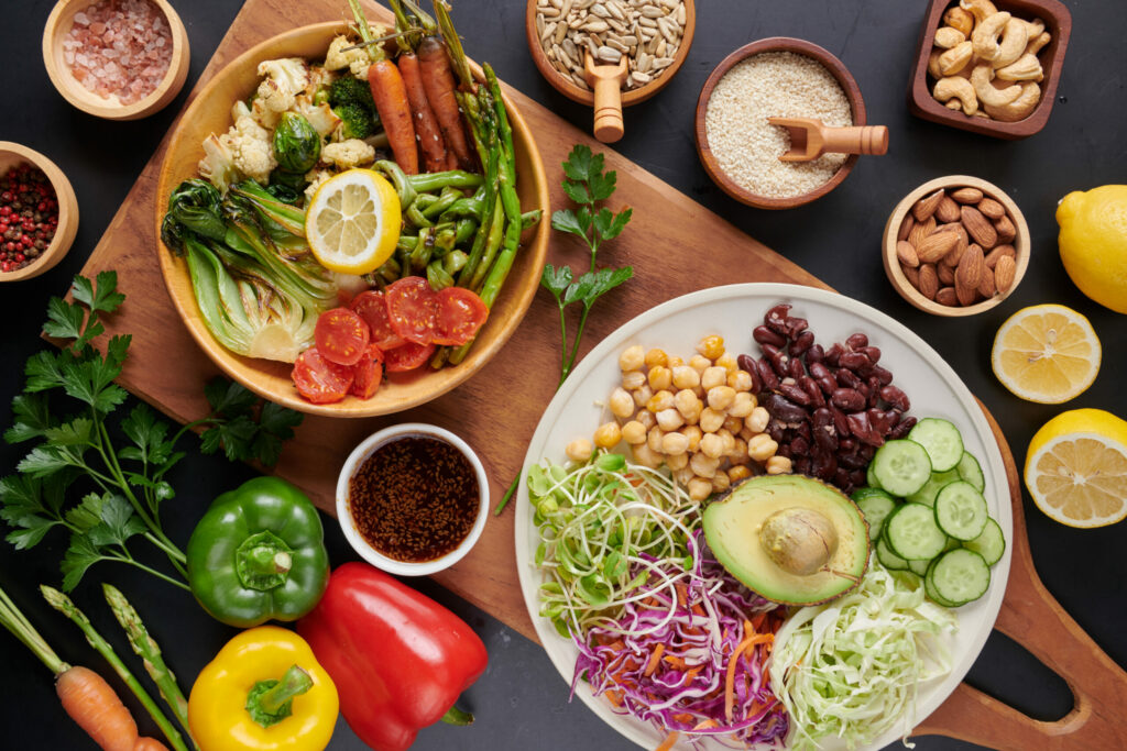 Vegan protein source. Buddha bowl dish, avocado, pepper, tomato.