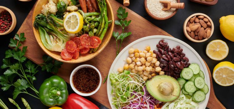Vegan protein source. Buddha bowl dish, avocado, pepper, tomato.